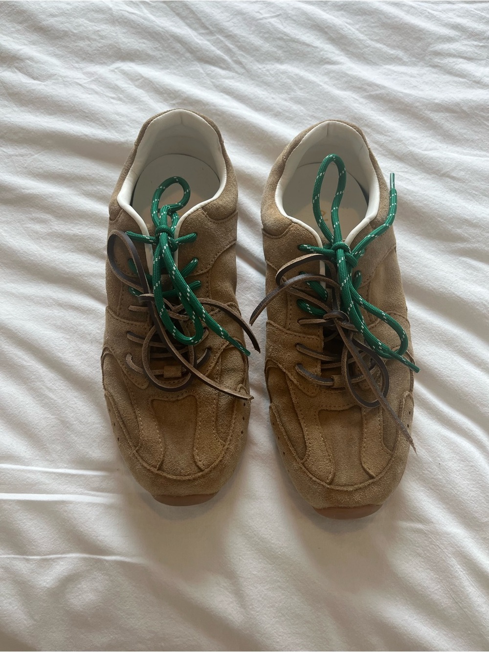 Women’s Suede Lace-Up Sneakers in Tan with Green Laces